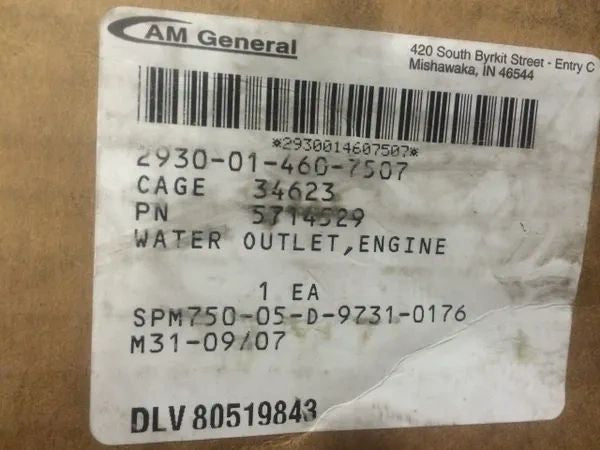 M998 AM GENERAL ENGINE WATER OUTLET 5714529, 2930-01-460-7507 NOS