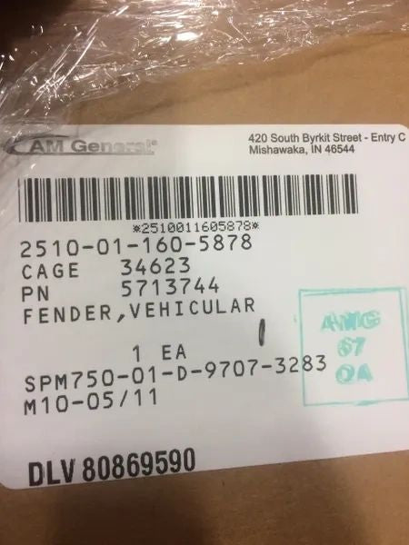 M998 L.H. FENDER 5713744, 2510-01-160-5878 NOS